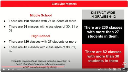 screenshot from public forum video showing class sizes